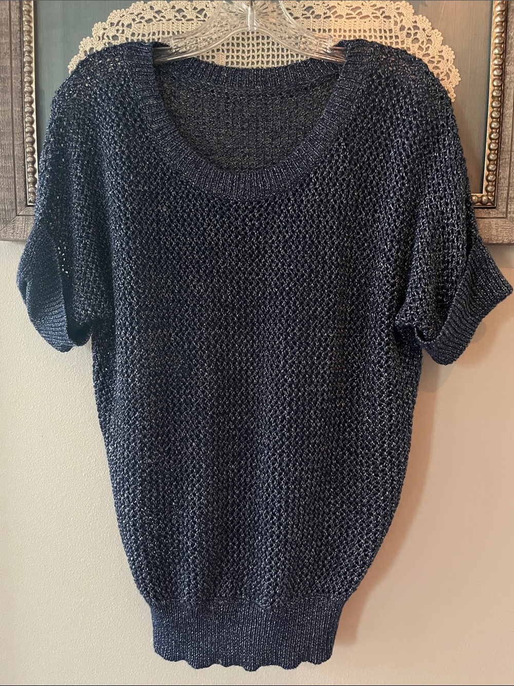 Chico's Navy Short-Sleeve Scoop Neck Knit Sweater